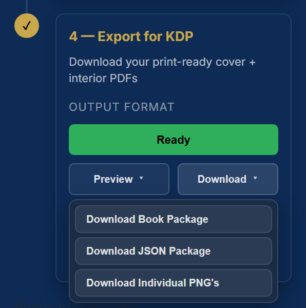 Step 4 Export for KDP with the Ready button, Preview and Download menus, and Download Book Package, JSON Package and Individual PNGs
