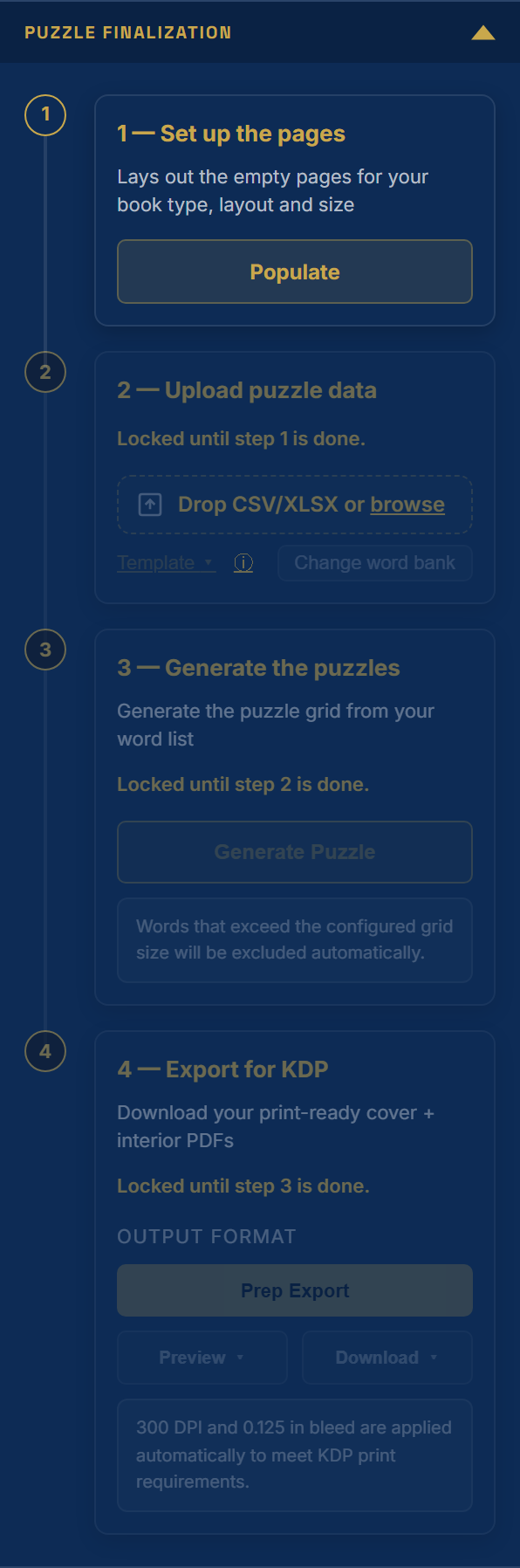 Puzzle Finalization on a new book: step 1 ready, steps 2, 3 and 4 dimmed with Locked until notes