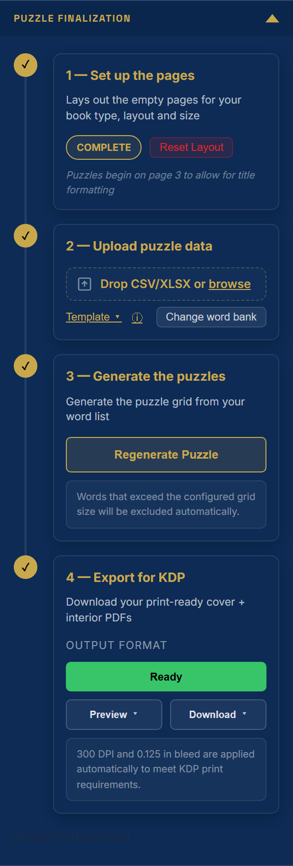 Puzzle Finalization with all four steps checked and the export marked Ready