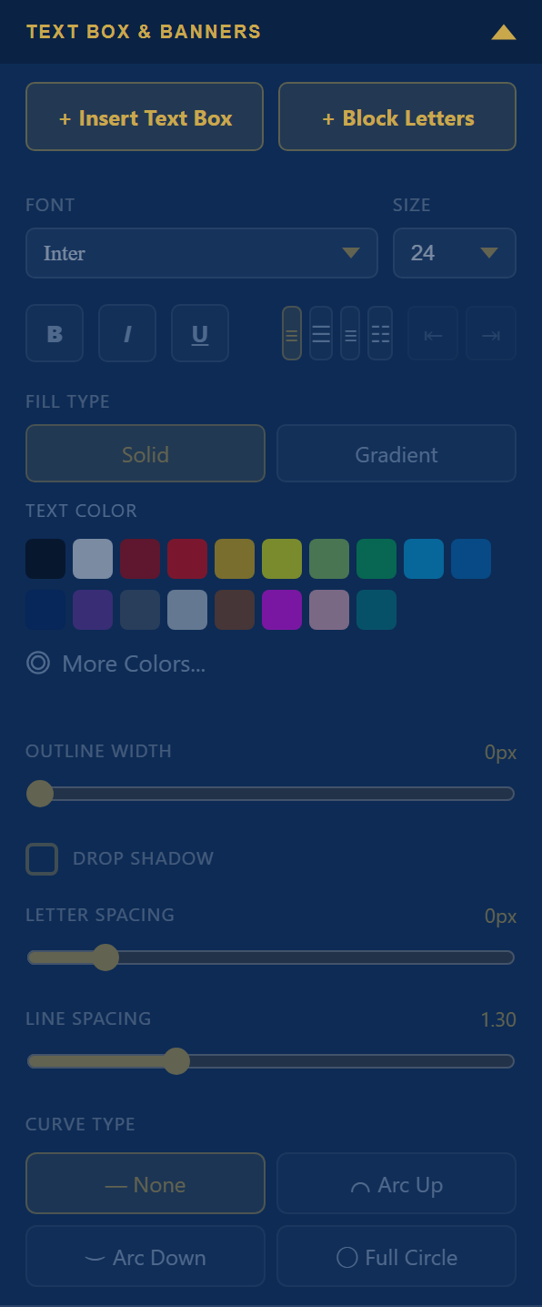 Text Box and Banners panel with Insert Text Box, Block Letters, font, size, color and curve controls
