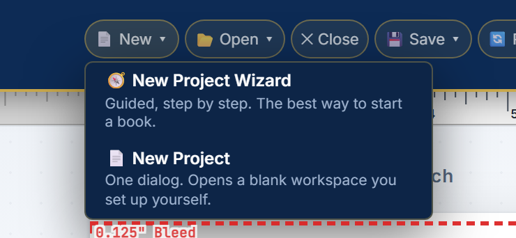 The New menu: New Project Wizard (guided, step by step) and New Project (one dialog, blank workspace)