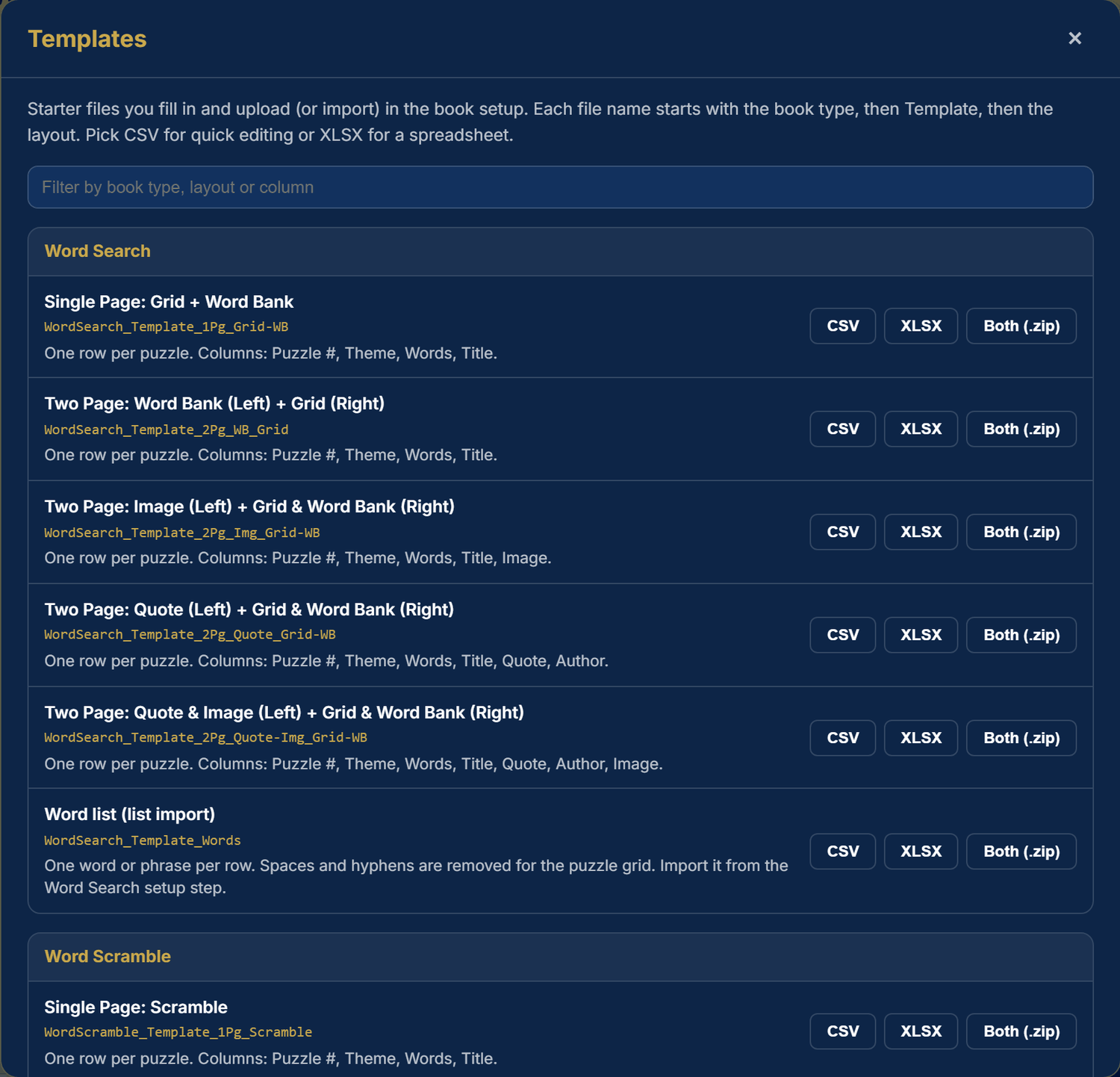 The Templates window with Word Search templates, their columns, and CSV, XLSX and Both buttons