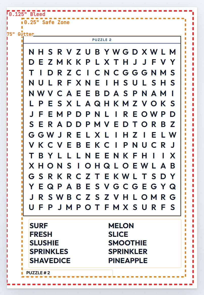 A Word Search page on the canvas with red bleed and orange safe zone guide lines