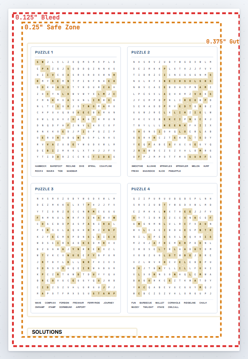 A solutions page with four small answer grids