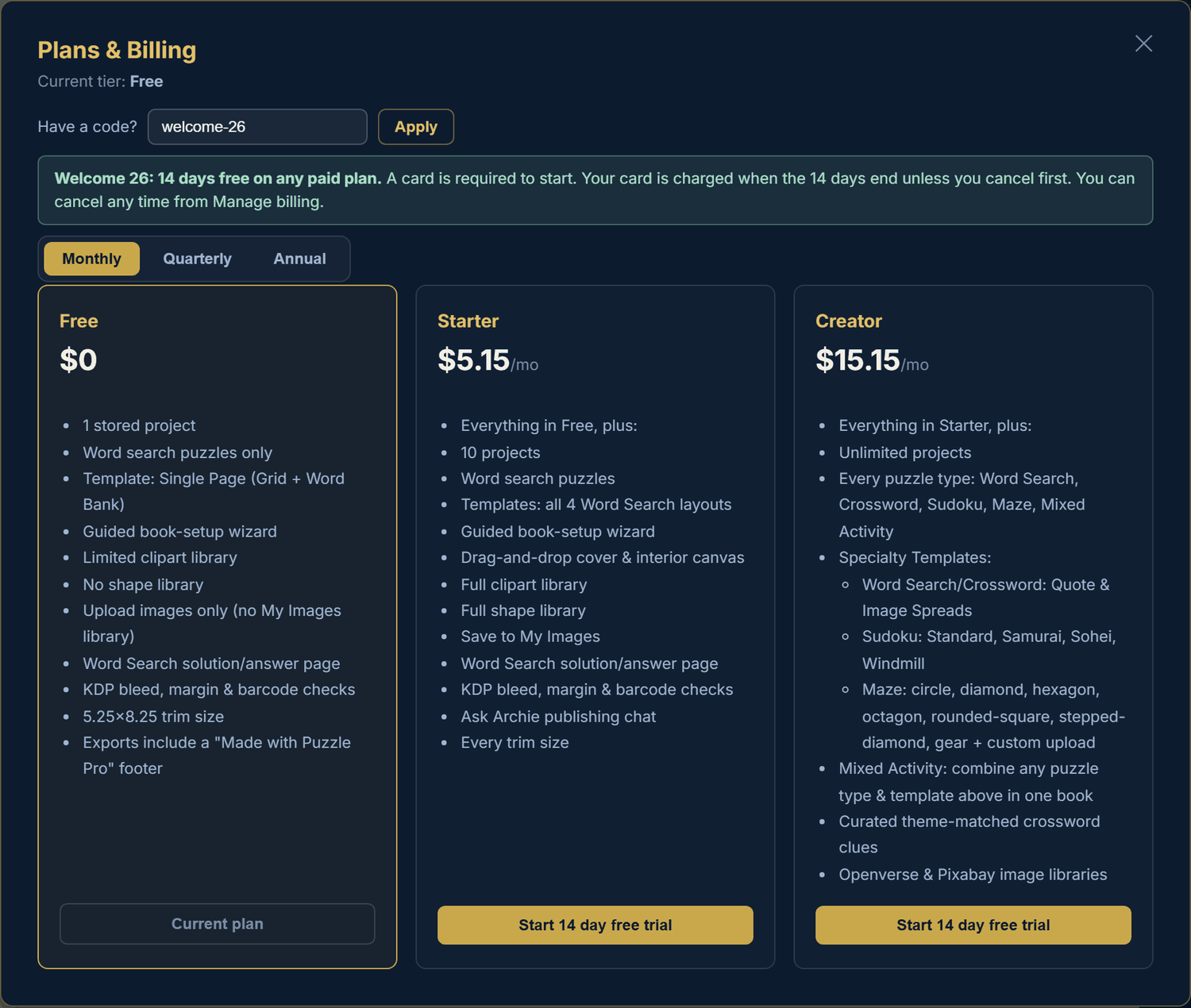 Plans and Billing with the code welcome-26 applied, a green note about 14 days free, and Start 14 day free trial buttons on Starter and Creator