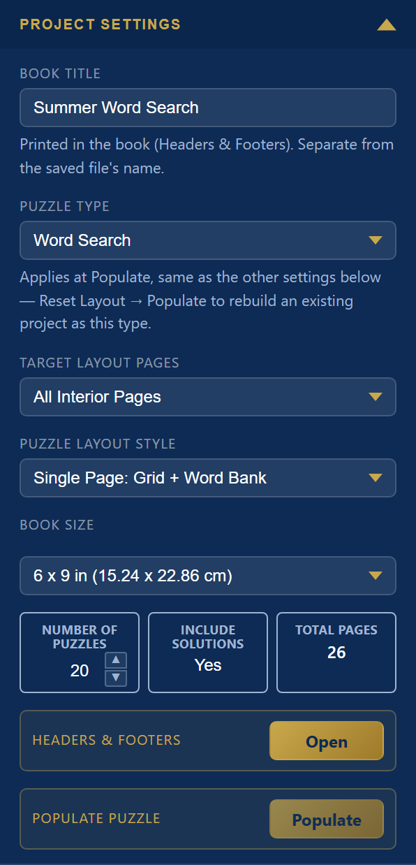 Project Settings panel with Book Title, Puzzle Type, Target Layout Pages, Puzzle Layout Style, Book Size, Number of Puzzles, Include Solutions, Total Pages, Headers and Footers and Populate Puzzle