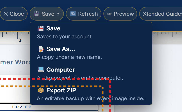 The Save menu: Save, Save As, Computer and Export ZIP, each with a one line explanation