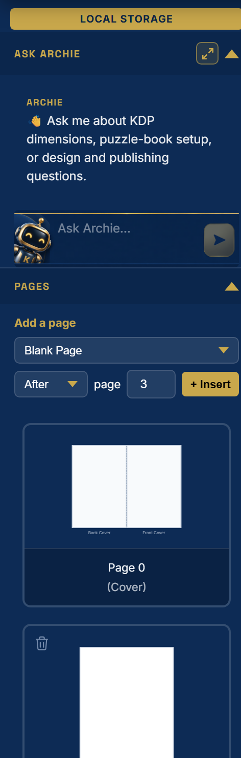 The Pages panel with Ask Archie, the Add a page controls and page thumbnails for the cover, title page and first puzzles