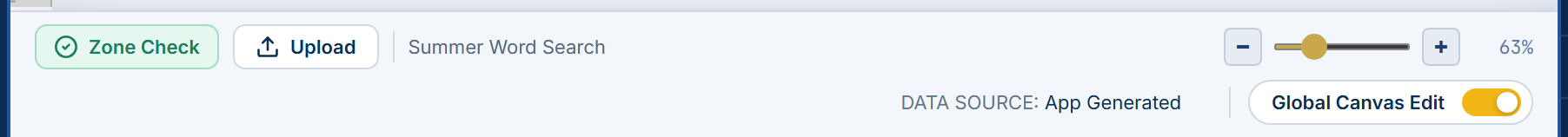 The status bar with Zone Check, Upload, the project name, the zoom slider and the Global Canvas Edit switch