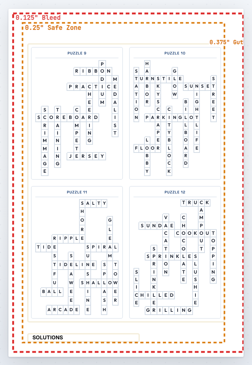 A page of four solved crossword grids