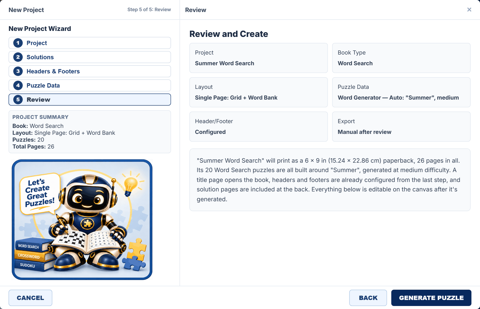 Review and Create step with summary cards and the Generate Puzzle button