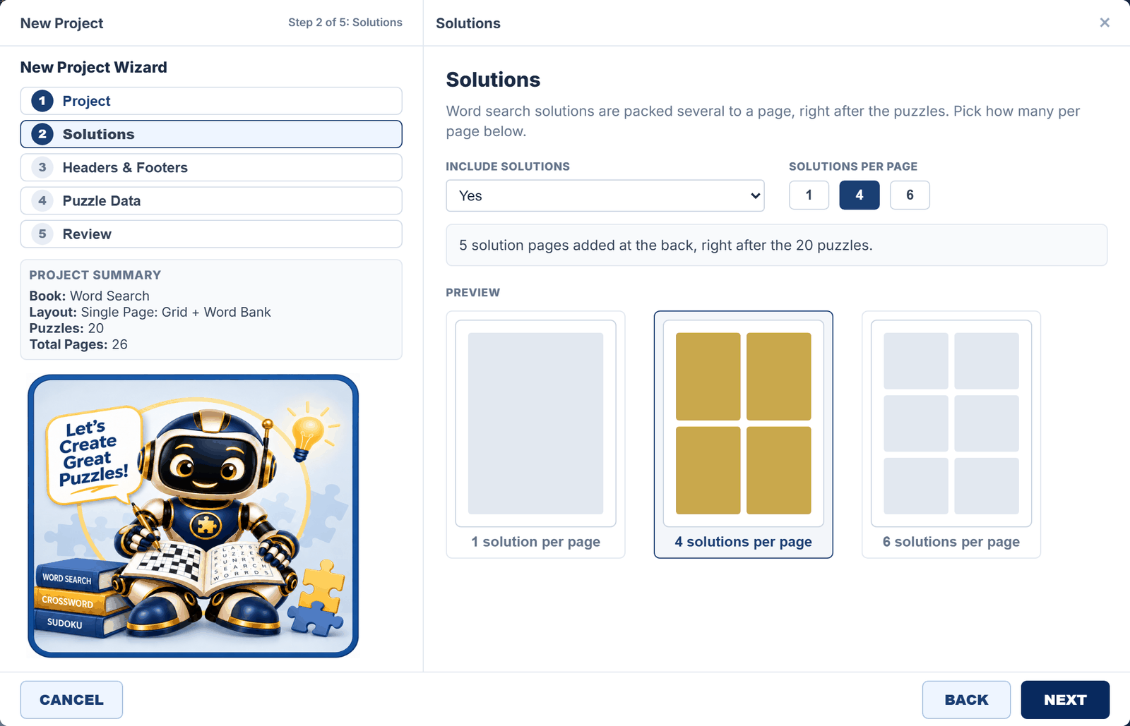 Wizard step 2 of 5, Solutions, with include solutions and the per page choices