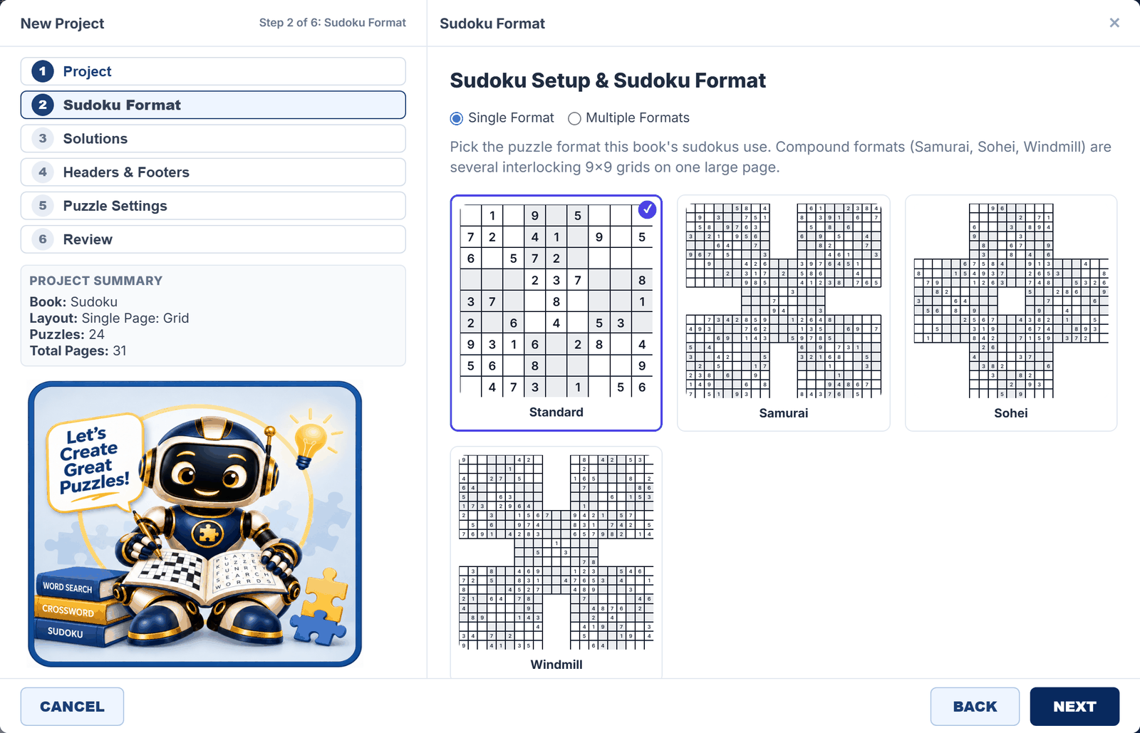 Sudoku Format step with Standard, Samurai, Sohei and Windmill formats