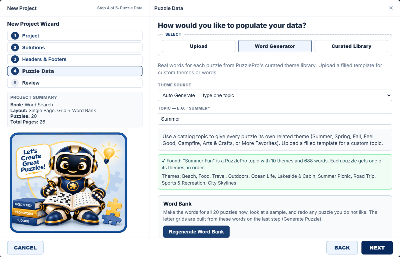 Puzzle Data step with Word Generator selected, Auto Generate and the topic Summer